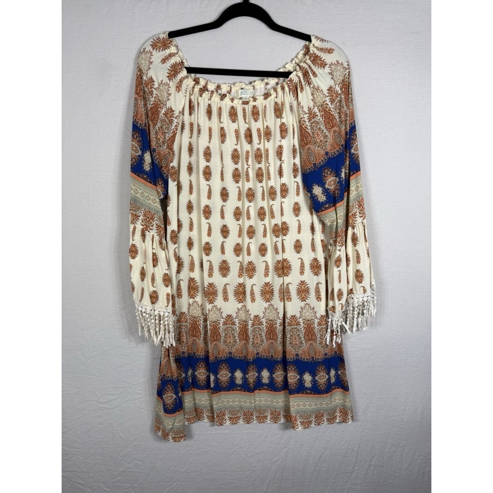 Kori America Boho Off The Shoulder Dress XL Paisley Peasant Tassel Fringe
